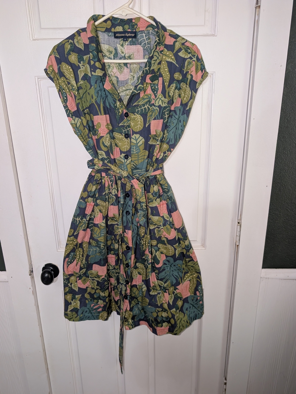 Princess Highway Navy Botanical Shirt Dress with Pink & Green Accents